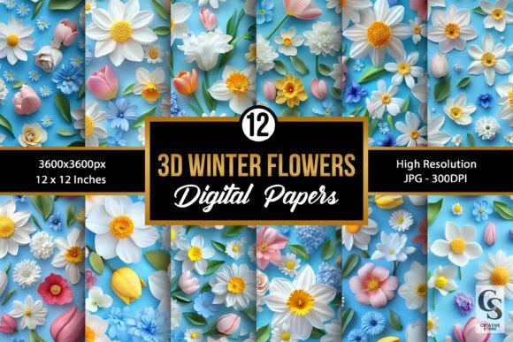 3D Winter Flowers Seamless Patterns