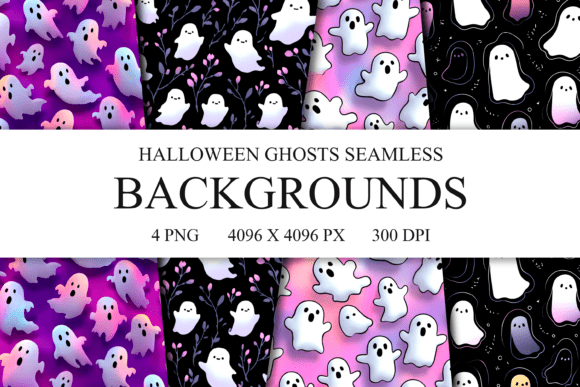4 Halloween Ghosts Seamless Patterns PNG