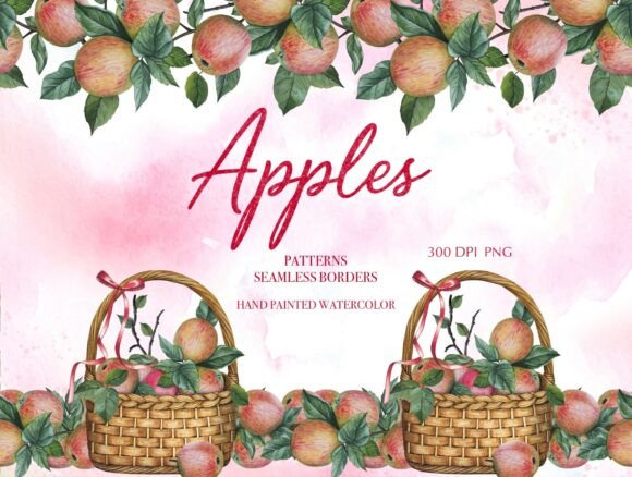 Watercolor Apple Patterns and Borders