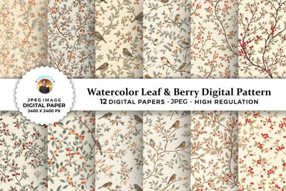 Watercolor Leaf Berry Digital Patterns